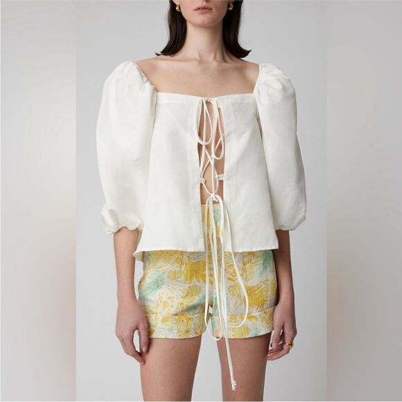 Cult Gaia Aurel white cotton linen tie front top - Picture 5 of 11